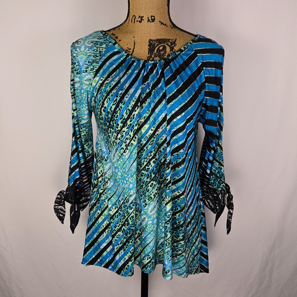 Lolita Womens Tunic Top S Cold Shoulder Mixed Print Stripe Leopard Blue Boho S